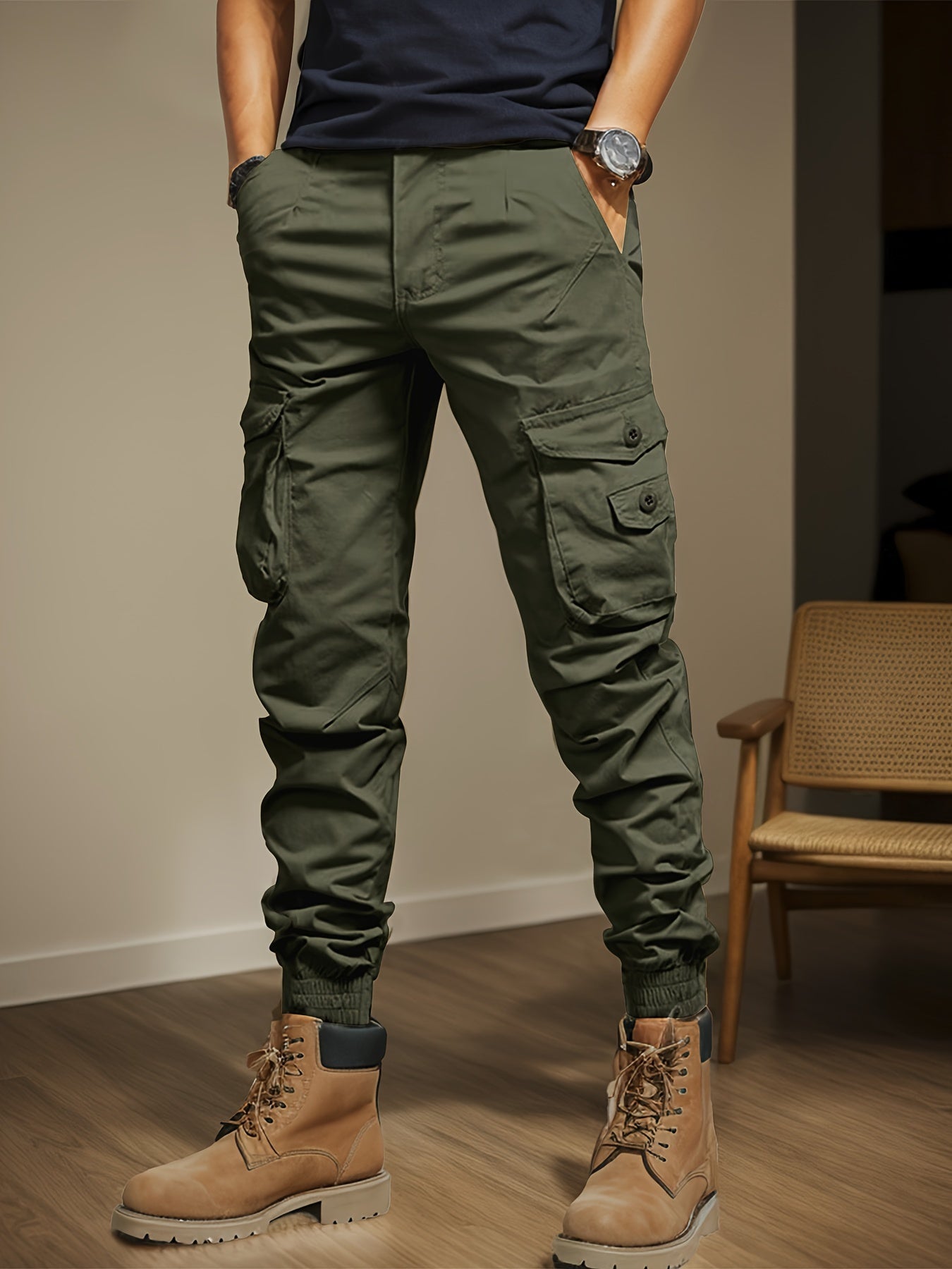 Men's Casual Cargo Pants with Side Flap Pockets - Durable Polyester, Elastic Waistband, Perfect for All Seasons