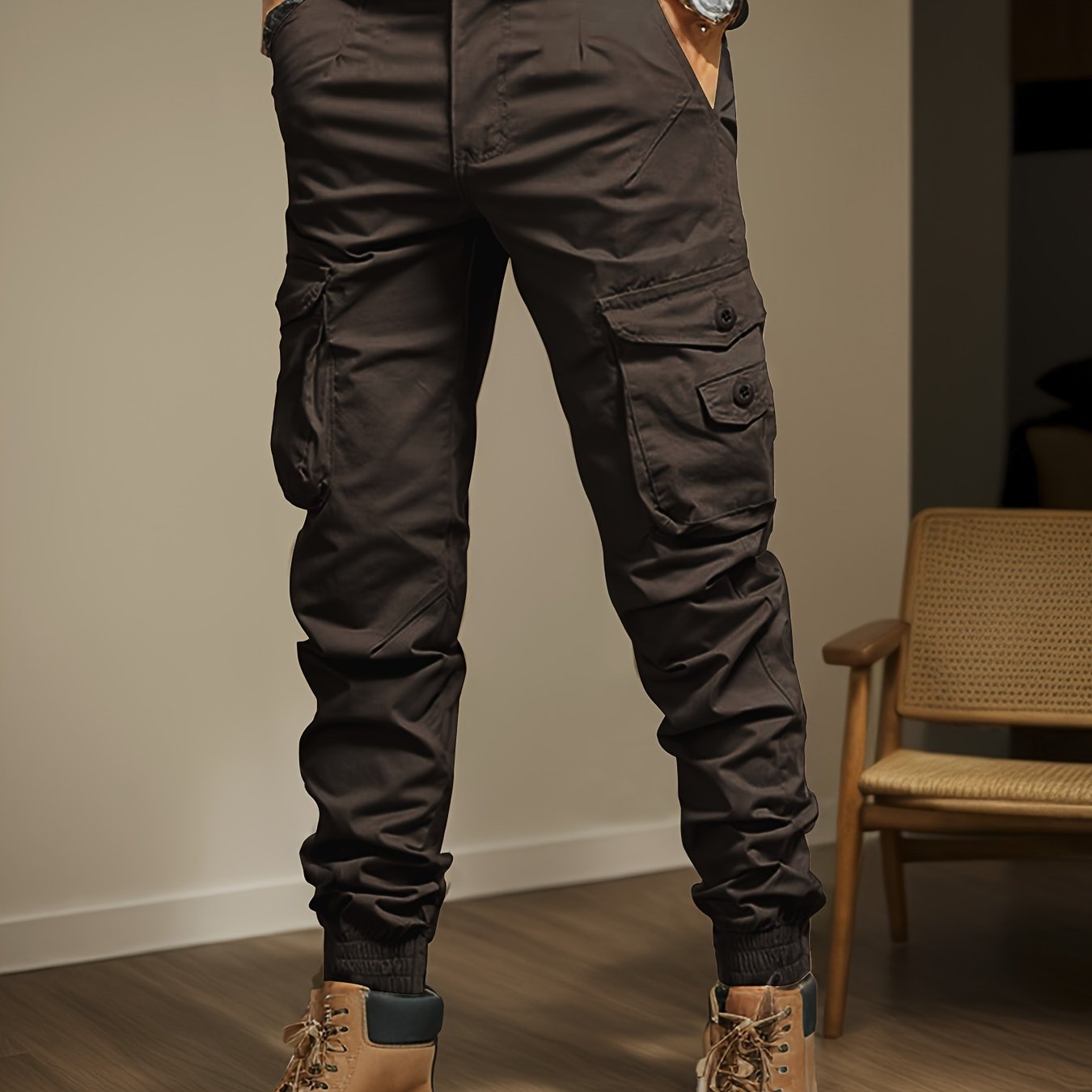 Men's Casual Cargo Pants with Side Flap Pockets - Durable Polyester, Elastic Waistband, Perfect for All Seasons