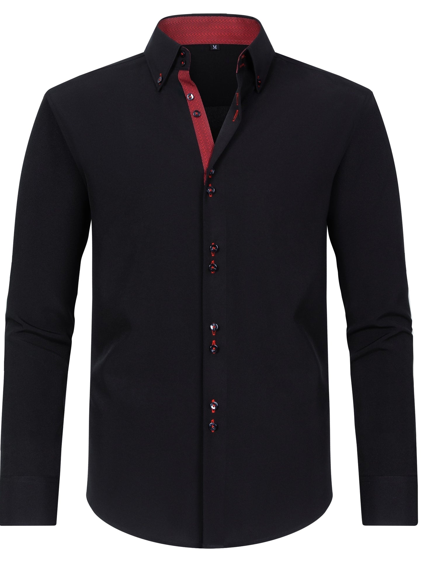 [Elegant Design] Elegant Men's Long Sleeve Dress Shirt - Sophisticated Black with Red Accents, Polyester & Elastane Blend, Split Sleeves, Button-Up, Ideal for Business & Formal Occasions