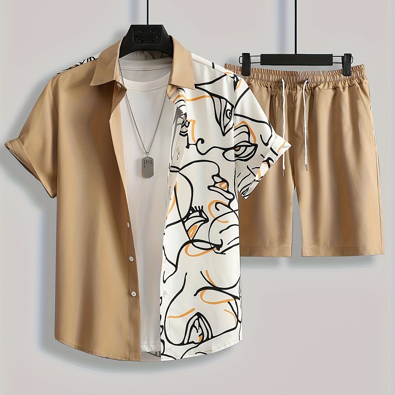 Men's Casual Geometric Pattern Button-Up Shirt & Shorts Set in Beige - Polyester, Machine Washable, All-Season Comfort, Allseason Wear|Relaxed Fit Clothing|Smooth Texture Shirt