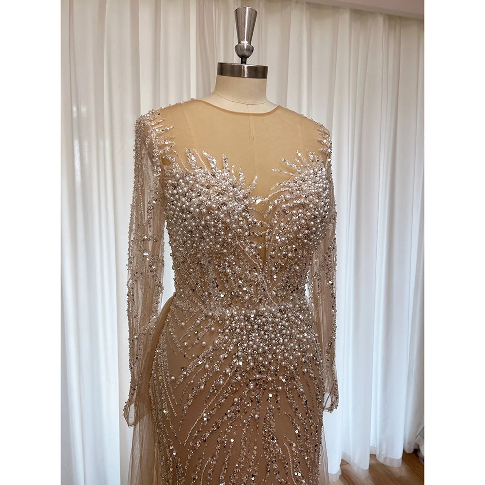 Elegant Evening Dress for Women 2025 Long Sleeves Mermaid Detachable Train Pearls Formal Prom Wedding Party Gown Customized