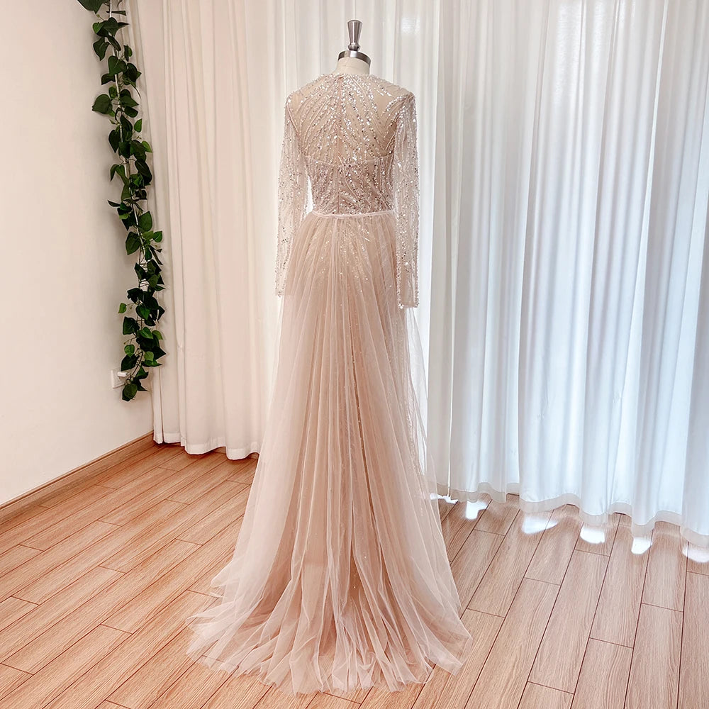 Elegant Evening Dress for Women 2025 Long Sleeves Mermaid Detachable Train Pearls Formal Prom Wedding Party Gown Customized