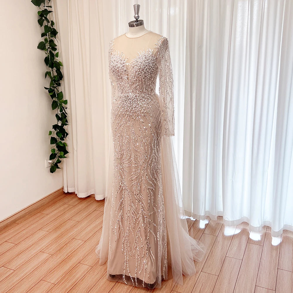 Elegant Evening Dress for Women 2025 Long Sleeves Mermaid Detachable Train Pearls Formal Prom Wedding Party Gown Customized