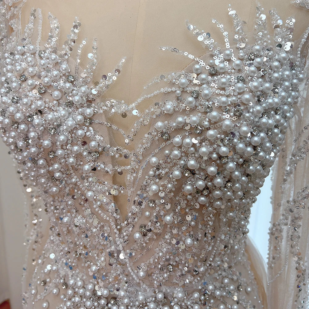 Elegant Evening Dress for Women 2025 Long Sleeves Mermaid Detachable Train Pearls Formal Prom Wedding Party Gown Customized