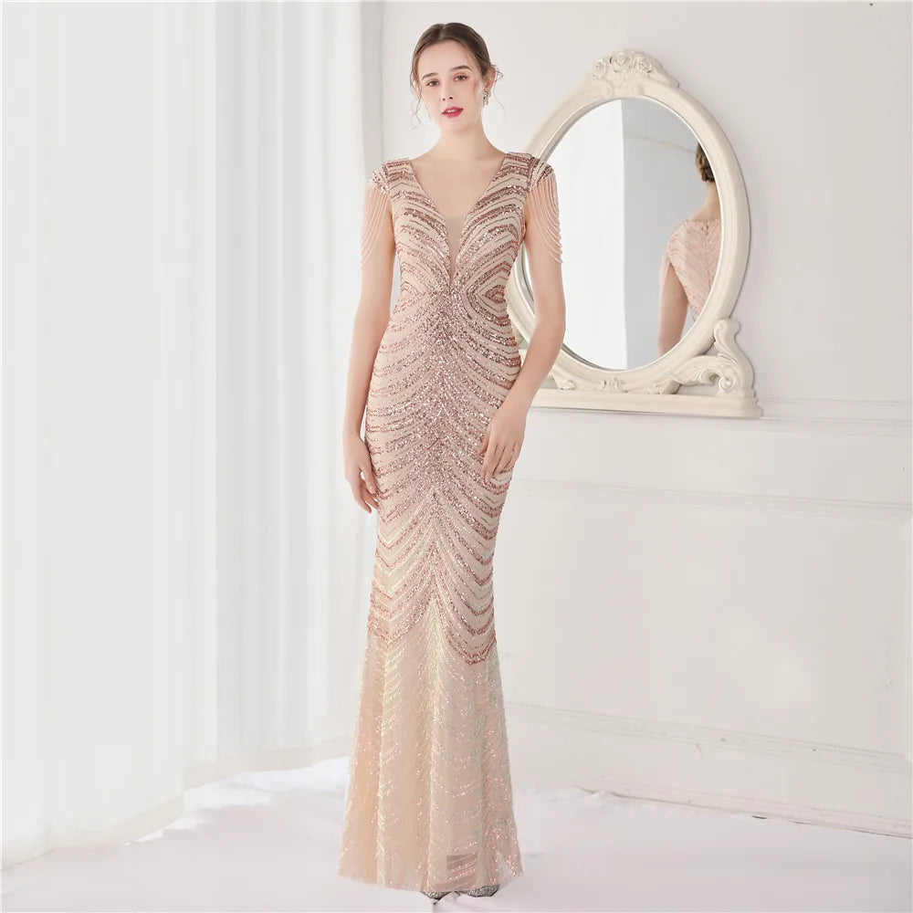 DEERVEADO Elegant V Neck Mermaid Evening Dress Long Luxury Beads Women Evening Party Dresses 2023 New Formal Dress 19085