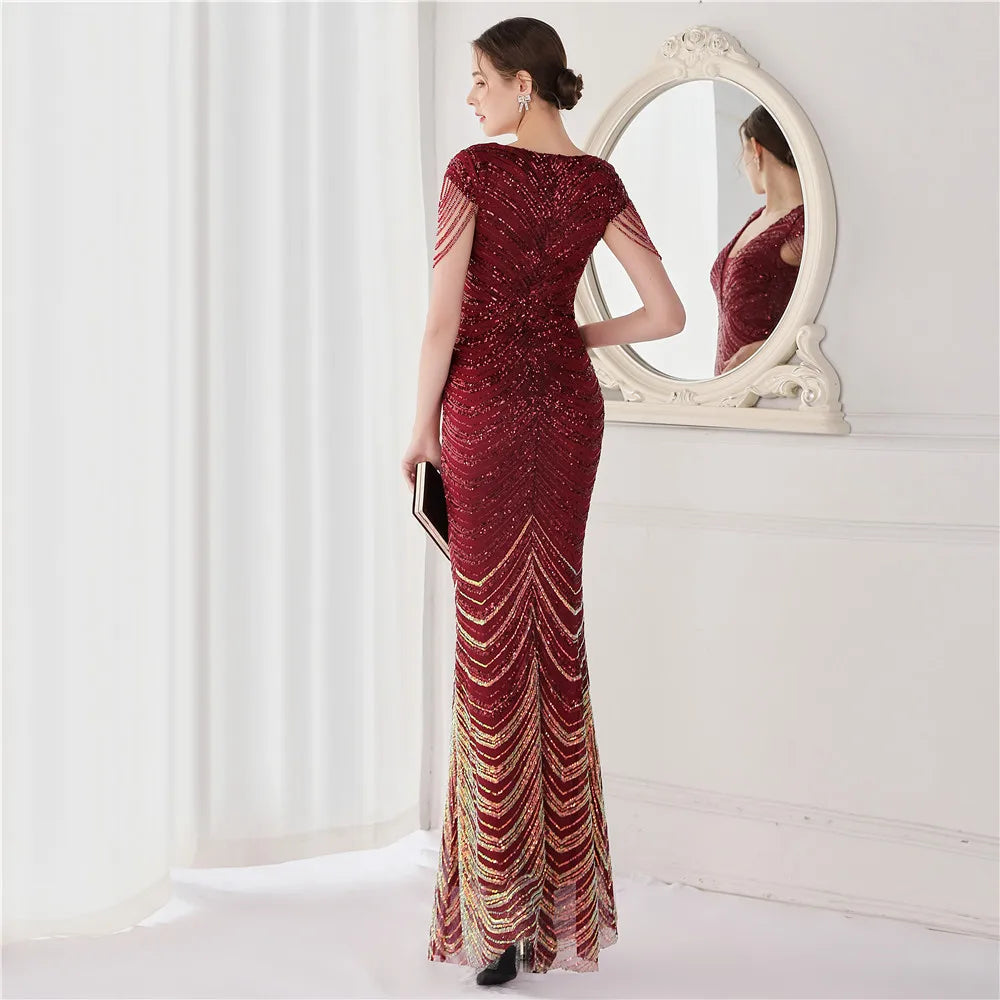 DEERVEADO Elegant V Neck Mermaid Evening Dress Long Luxury Beads Women Evening Party Dresses 2023 New Formal Dress 19085