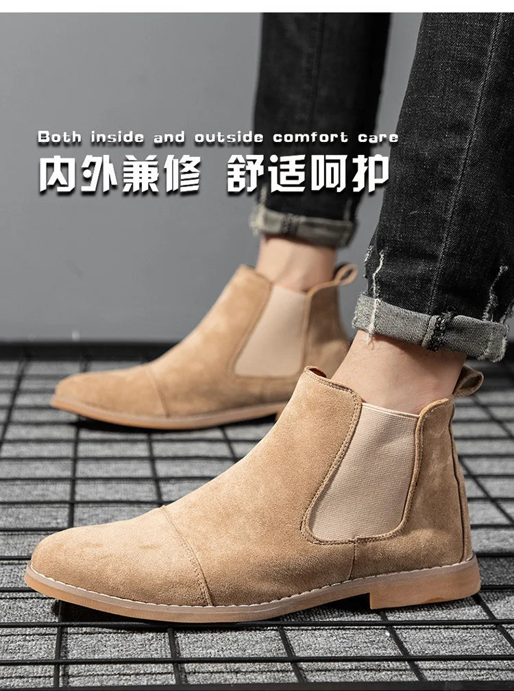 Cheap Fashion Yellow Chelsea Boots Men Pointed Comfort Dress Boots Men Slip on Men's Suede Leather Shoes Zapatos Hombre Casual