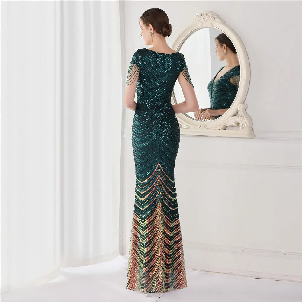 DEERVEADO Elegant V Neck Mermaid Evening Dress Long Luxury Beads Women Evening Party Dresses 2023 New Formal Dress 19085