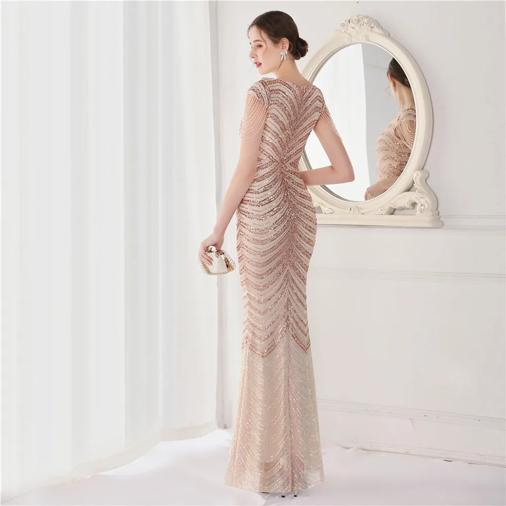 DEERVEADO Elegant V Neck Mermaid Evening Dress Long Luxury Beads Women Evening Party Dresses 2023 New Formal Dress 19085