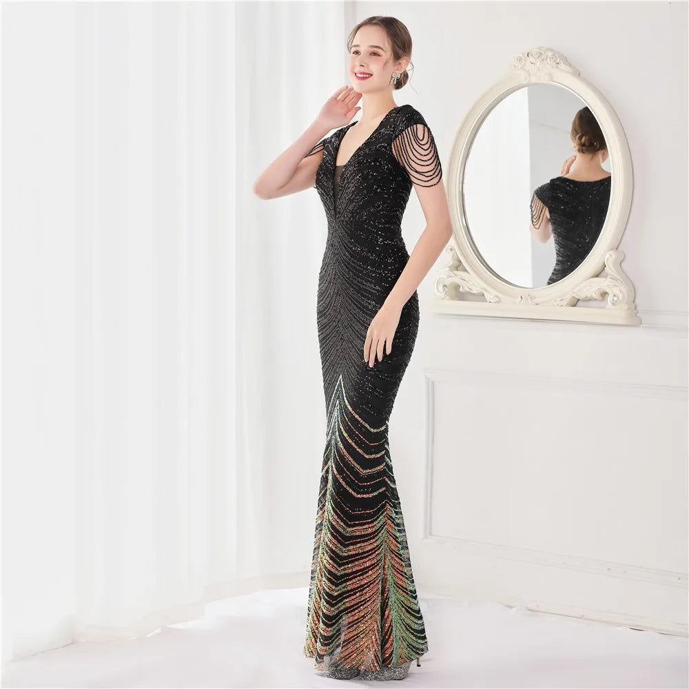 DEERVEADO Elegant V Neck Mermaid Evening Dress Long Luxury Beads Women Evening Party Dresses 2023 New Formal Dress 19085