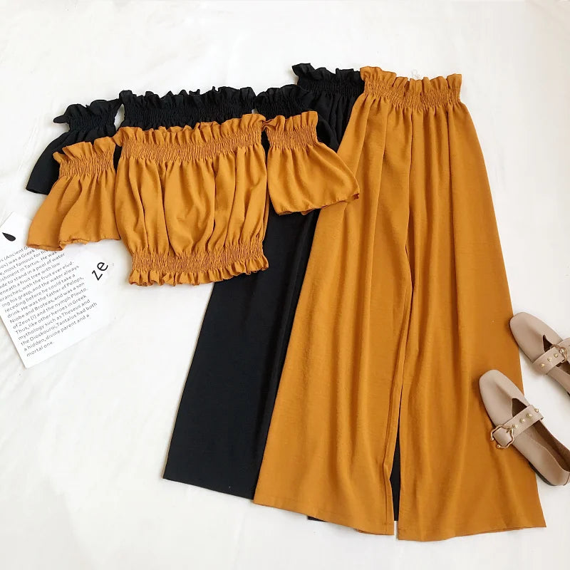 Summer Women's Casual Off-Shoulder Short Shoulder T-Shirt Staggy Waist Wide-Leg Trousers Sexy Two-Piece Set