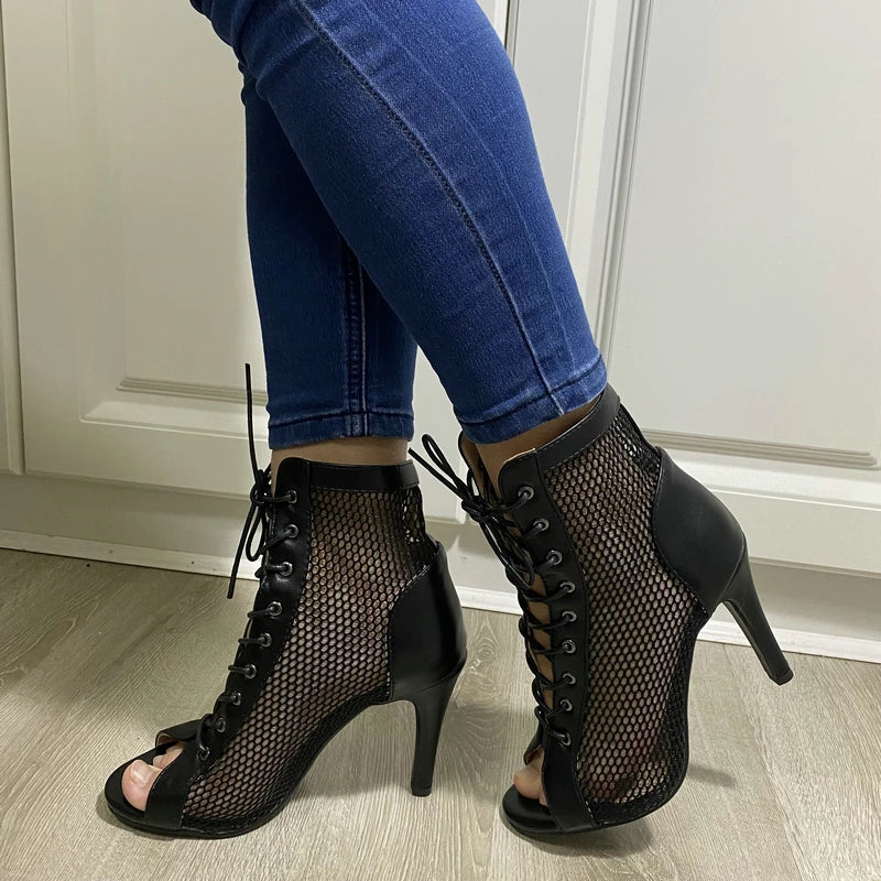 New Sexy High Heels Hollow Mesh Sandals Summer Fashion Trend Comfort Peep Toe Boots Stilettos Jazz Dance Female Shoes Plus Size