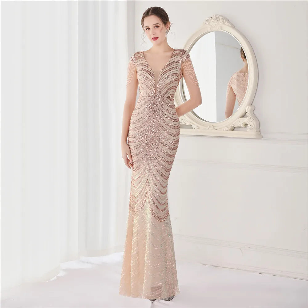 DEERVEADO Elegant V Neck Mermaid Evening Dress Long Luxury Beads Women Evening Party Dresses 2023 New Formal Dress 19085