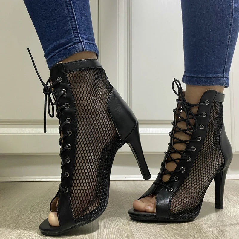 New Sexy High Heels Hollow Mesh Sandals Summer Fashion Trend Comfort Peep Toe Boots Stilettos Jazz Dance Female Shoes Plus Size