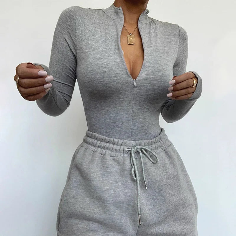 Solid Zipper Bodycon Bodysuits Women Sexy Mock Neck Autumn Long Sleeve Fashion Slim Basic Body Winter Gray Outfits Lady