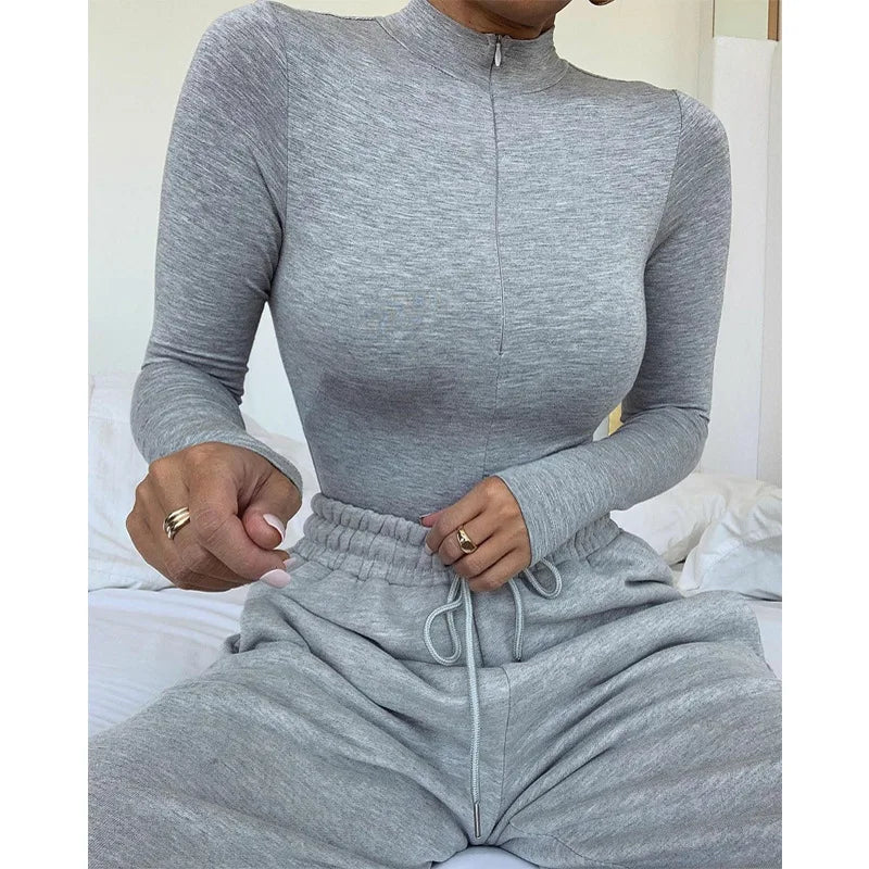 Solid Zipper Bodycon Bodysuits Women Sexy Mock Neck Autumn Long Sleeve Fashion Slim Basic Body Winter Gray Outfits Lady