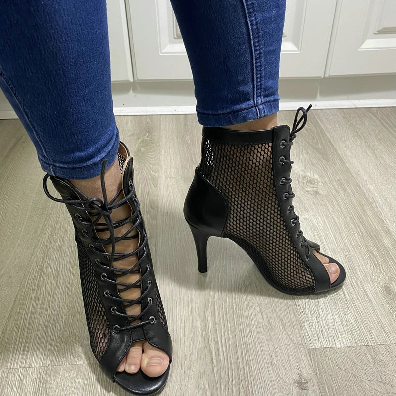 New Sexy High Heels Hollow Mesh Sandals Summer Fashion Trend Comfort Peep Toe Boots Stilettos Jazz Dance Female Shoes Plus Size