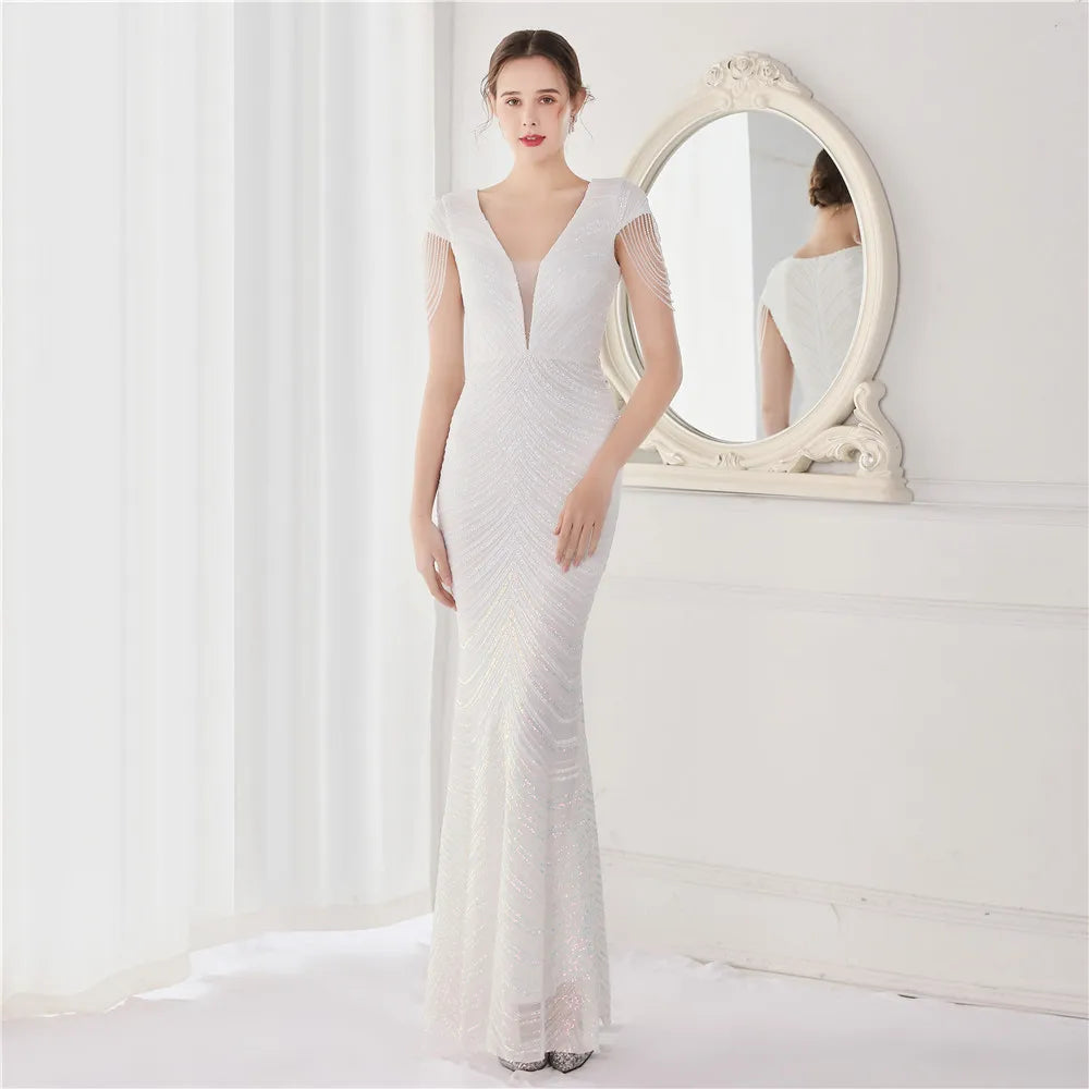 DEERVEADO Elegant V Neck Mermaid Evening Dress Long Luxury Beads Women Evening Party Dresses 2023 New Formal Dress 19085