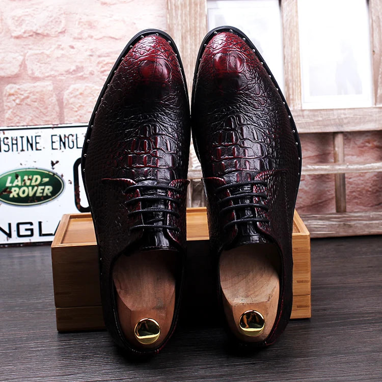 Men's Crocodile Dress Leather Shoes Lace-Up Wedding Party Shoes Mens Business Office Oxfords Flats Plus Size Men Fashion