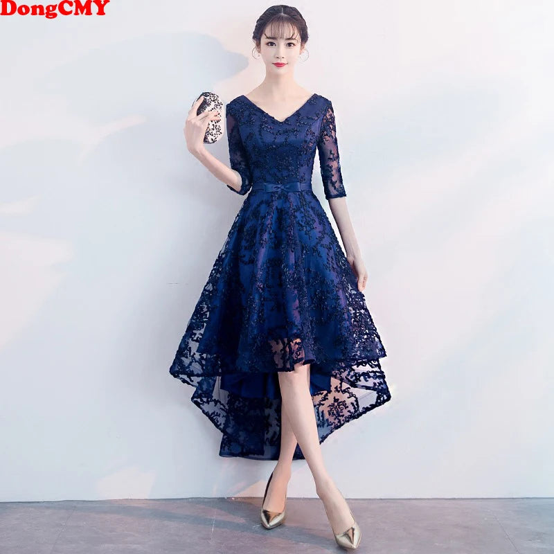 DongCMY New 2025 Navy Blue Color V-Neck Formal Bridesmaid Dresses Half Sleeves Women Elegant Bride Gown