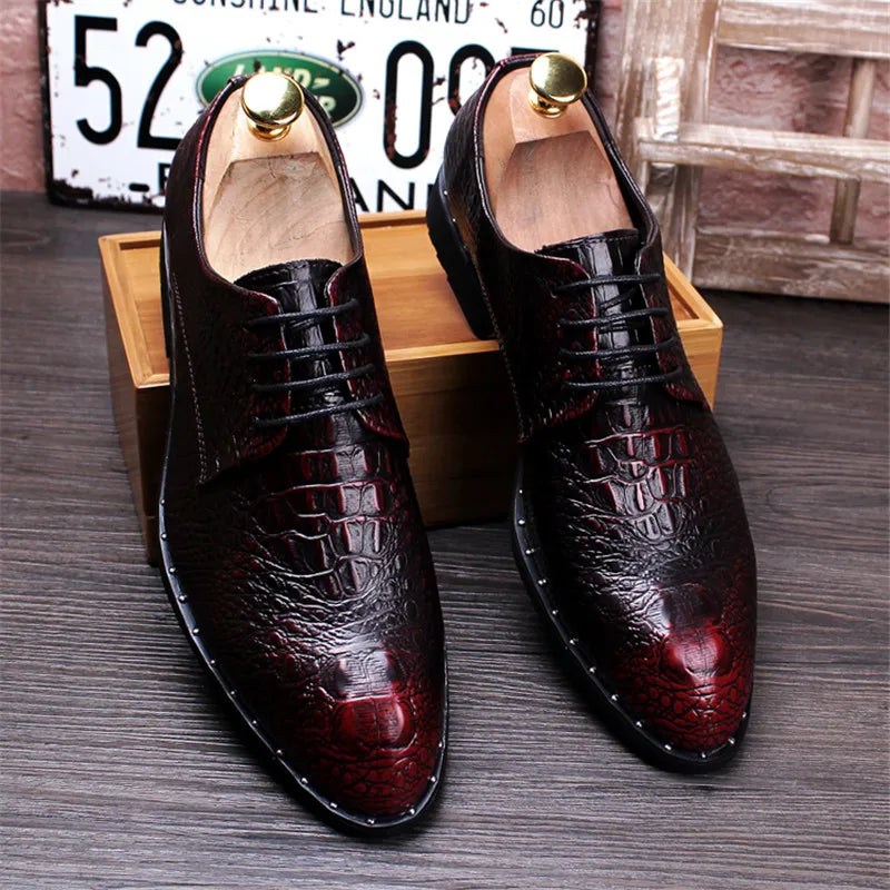 Men's Crocodile Dress Leather Shoes Lace-Up Wedding Party Shoes Mens Business Office Oxfords Flats Plus Size Men Fashion