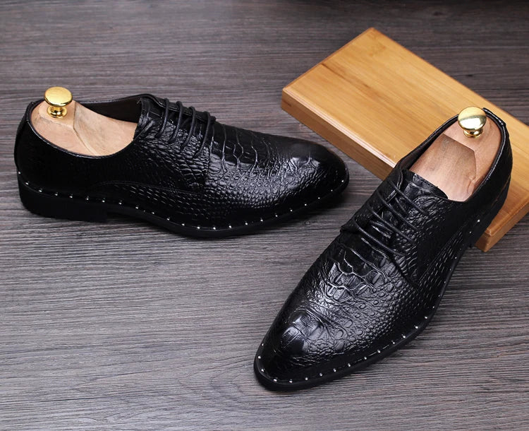 Men's Crocodile Dress Leather Shoes Lace-Up Wedding Party Shoes Mens Business Office Oxfords Flats Plus Size Men Fashion