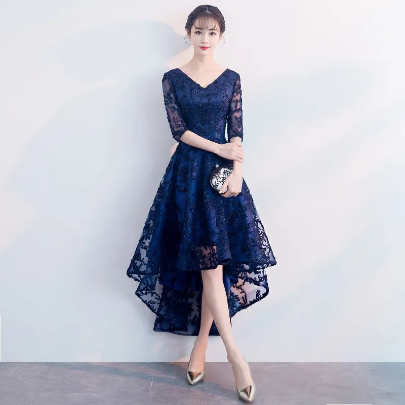 DongCMY New 2025 Navy Blue Color V-Neck Formal Bridesmaid Dresses Half Sleeves Women Elegant Bride Gown