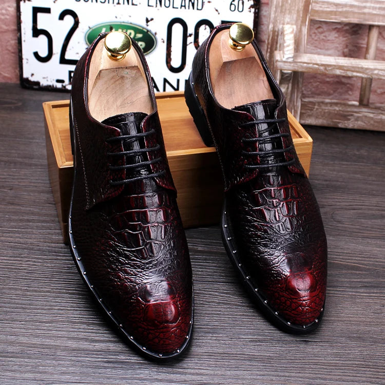 Men's Crocodile Dress Leather Shoes Lace-Up Wedding Party Shoes Mens Business Office Oxfords Flats Plus Size Men Fashion