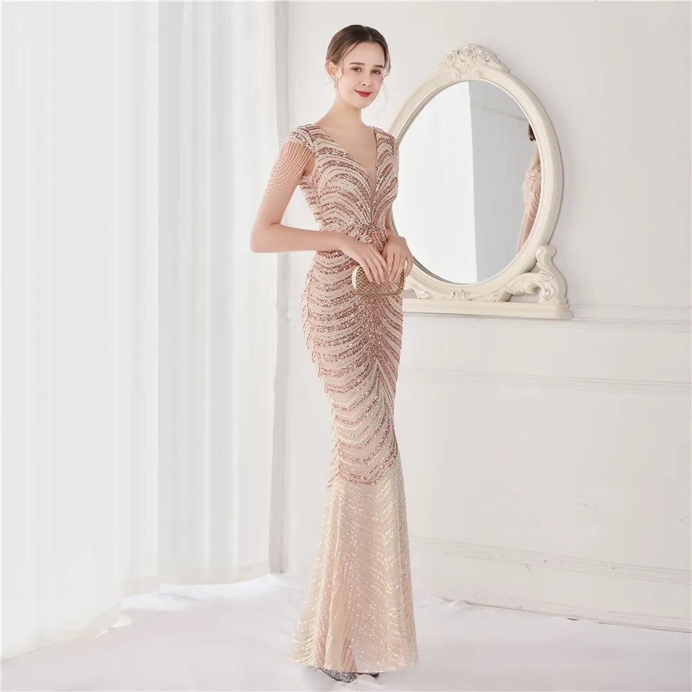 DEERVEADO Elegant V Neck Mermaid Evening Dress Long Luxury Beads Women Evening Party Dresses 2023 New Formal Dress 19085