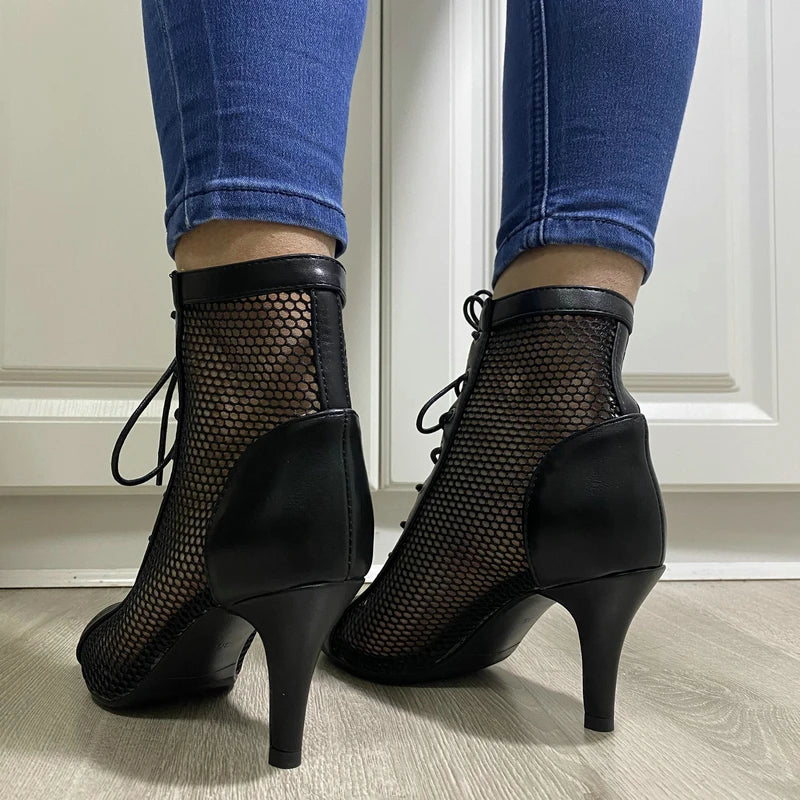 New Sexy High Heels Hollow Mesh Sandals Summer Fashion Trend Comfort Peep Toe Boots Stilettos Jazz Dance Female Shoes Plus Size