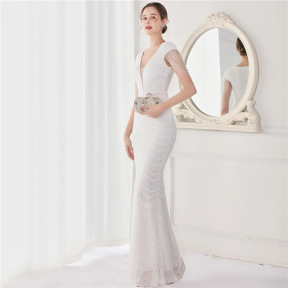 DEERVEADO Elegant V Neck Mermaid Evening Dress Long Luxury Beads Women Evening Party Dresses 2023 New Formal Dress 19085