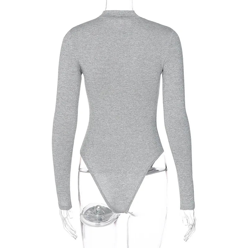 Solid Zipper Bodycon Bodysuits Women Sexy Mock Neck Autumn Long Sleeve Fashion Slim Basic Body Winter Gray Outfits Lady