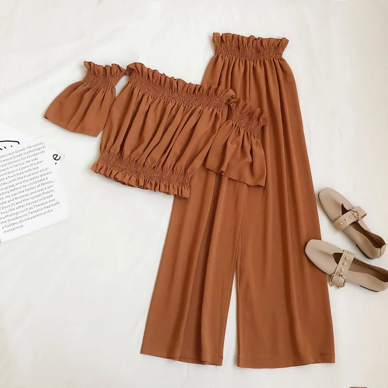 Summer Women's Casual Off-Shoulder Short Shoulder T-Shirt Staggy Waist Wide-Leg Trousers Sexy Two-Piece Set