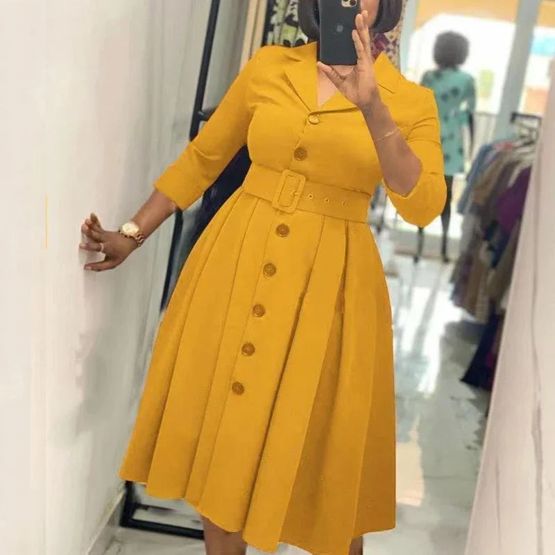 Office Dresses for Women Long Sleeve Button Down Notched Lapel Waist Belt A Line Midi Dresses Elegant Work Business Church Wear