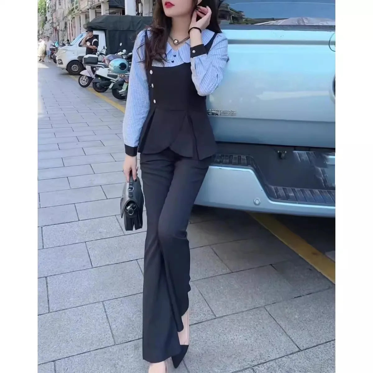 Fashion Ladies Set Office Clothes Autumn New Retro Slim Doll Collar Stripe Spliced Shirt Top Straight Pants 2-Piece Suit Women