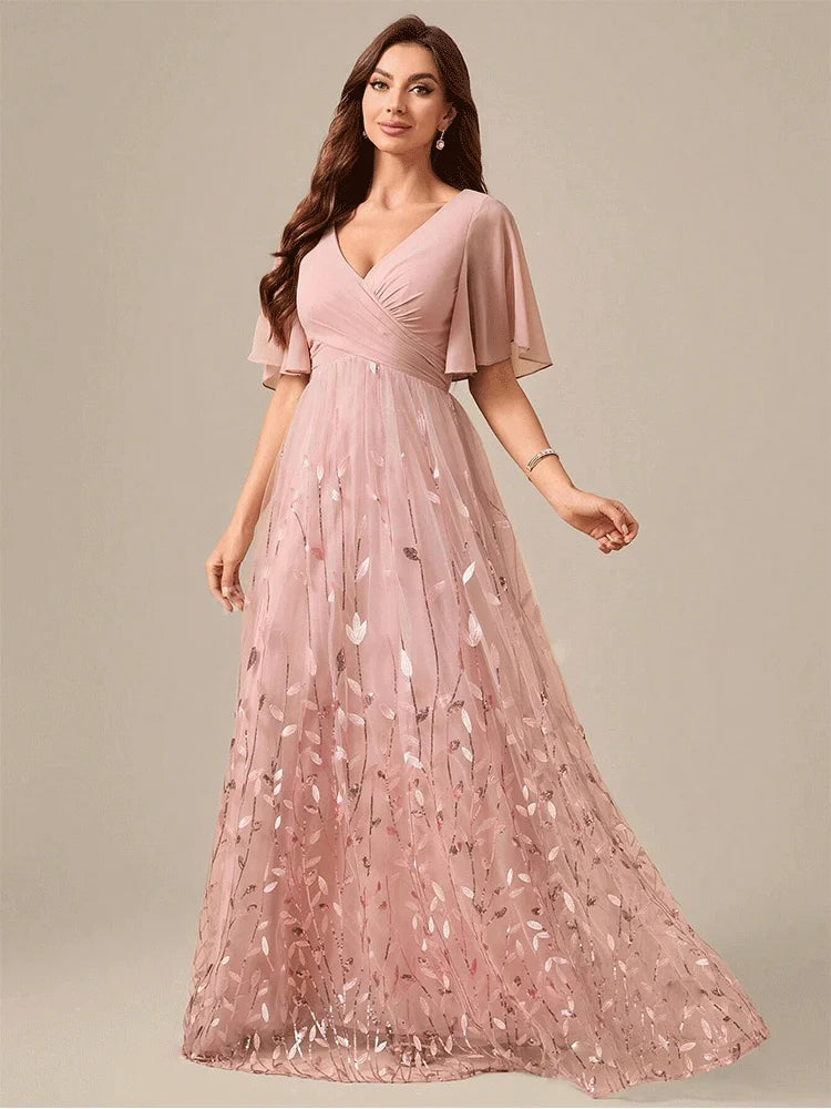 Pink V-Neck Shiny Sequins Floor-Length Short-Sleeved Bridesmaid Luxury Evening Dress Ladies Pink Chiffon Bridesmaid Dress