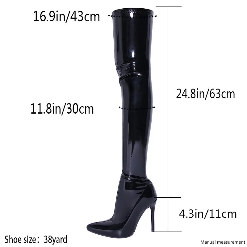 Big Size 45 Black Patent Leather Thigh High Boots 2025 New Pointed Toe Slip On High Heels Long Boots Women Shoes