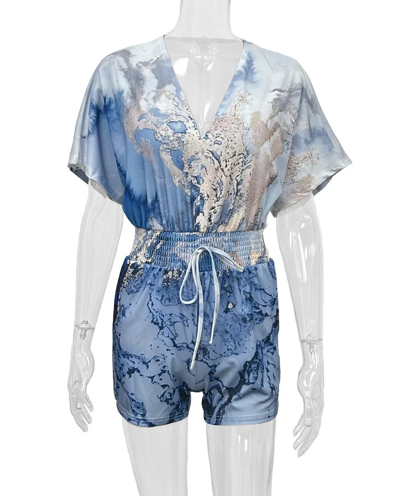 Elegant Women Summer Jumpsuit Casual Short Sleeve V Neck Lace-up Print Romper Jumpsuit Shorts Women's Clothing Overalls Female