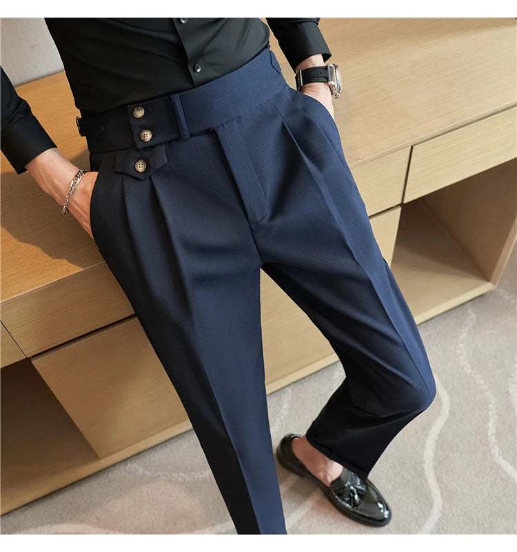 British Style Pants Men High Waist Belt Design Casual Slim Formal Office Dress Pant Men Social Wedding Party Dress Suit Trousers