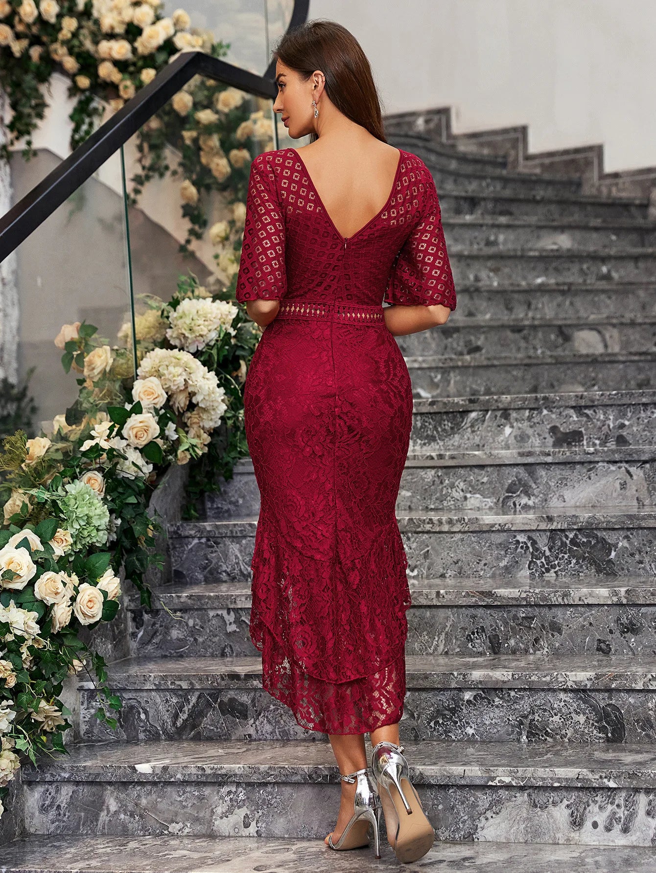 Women Sexy V Neck Lace-Up Slim Long Dress Elegant Lace Flower Cherrykeke Vestidos Fashion 2024 Summer Holiday Wedding Party Robe