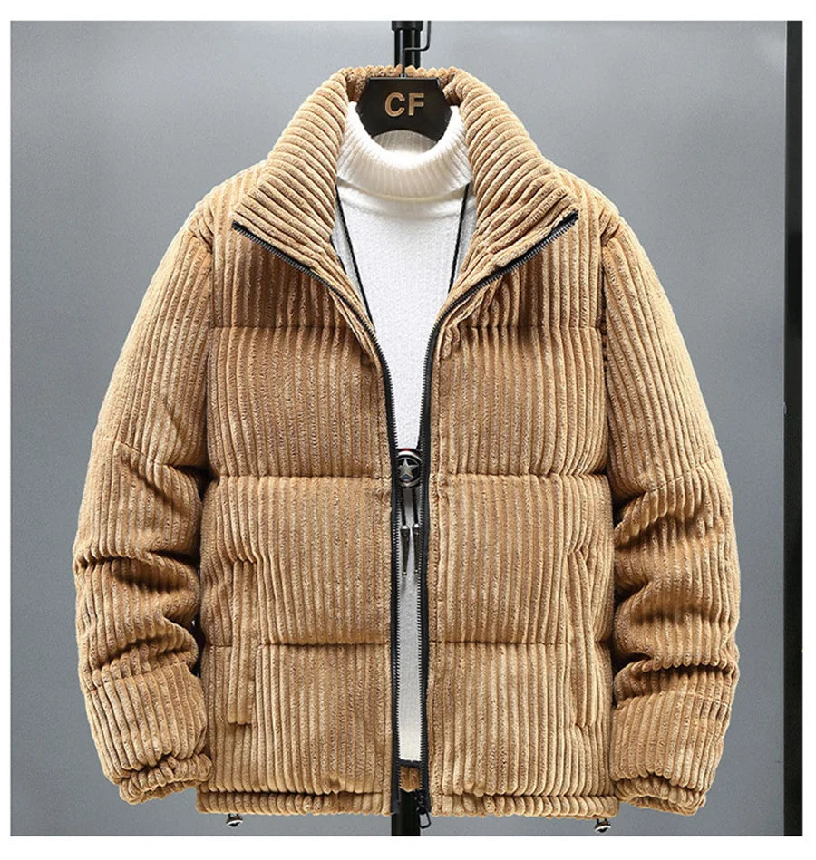 2025 New Men's Corduroy Parkas Thick Warm Cotton Padded Jackets Casual Stand Collar Solid Zipper Coats Man Winter Warm Outerwear