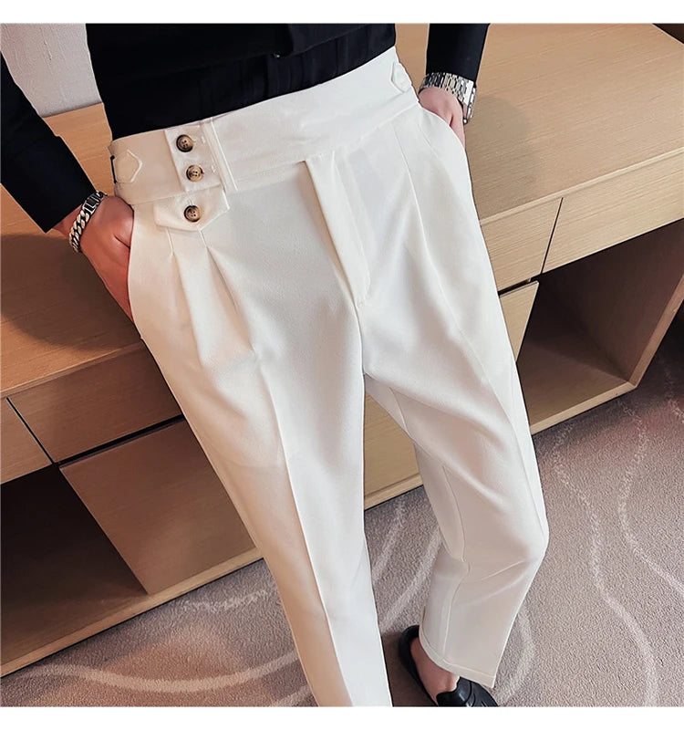 British Style Pants Men High Waist Belt Design Casual Slim Formal Office Dress Pant Men Social Wedding Party Dress Suit Trousers