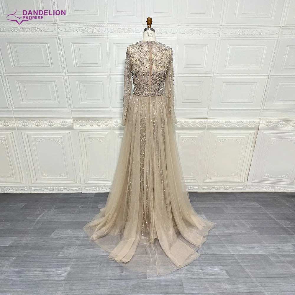 Luxury Mermaid Elegant Long Sleeves Beaded Arabic Evening Dresses O-Neck Tulle Overskirt Gowns For Women 2024 Wedding Party