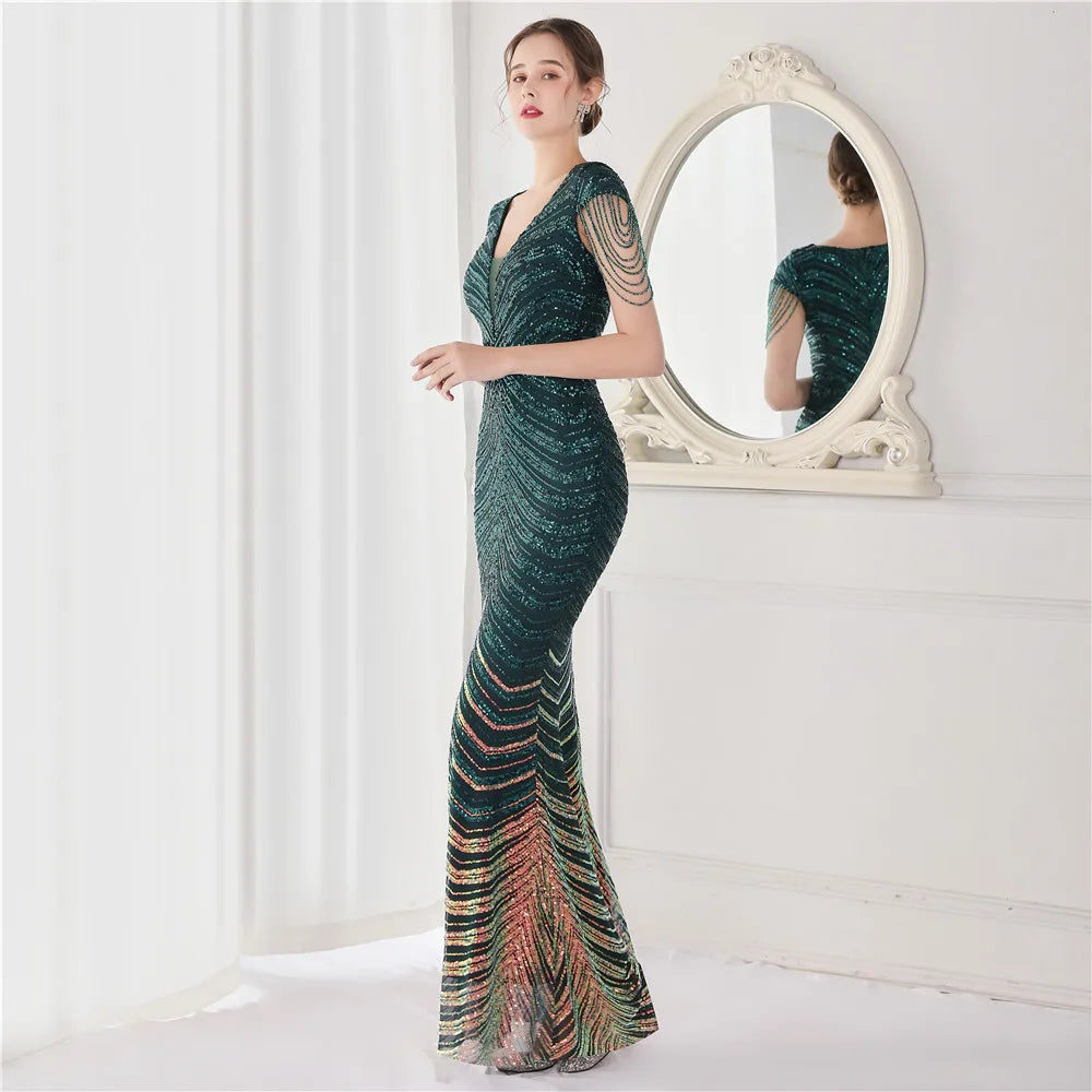 DEERVEADO Elegant V Neck Mermaid Evening Dress Long Luxury Beads Women Evening Party Dresses 2023 New Formal Dress 19085