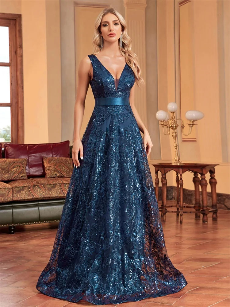 Lucyinlove Luxury Sexy Deep V-Neck Sequins Blue Evening Dresses Women Elegant V-back Wedding Party Long Prom Cocktail Dress