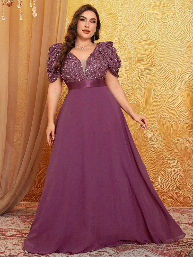 Plus Size V Neck Puff Sleeve Sparkling Evening Dress 4XL 5XL Big Size Lotus Pink Luxury Wedding Banquet Bridesmaid Prom Gown