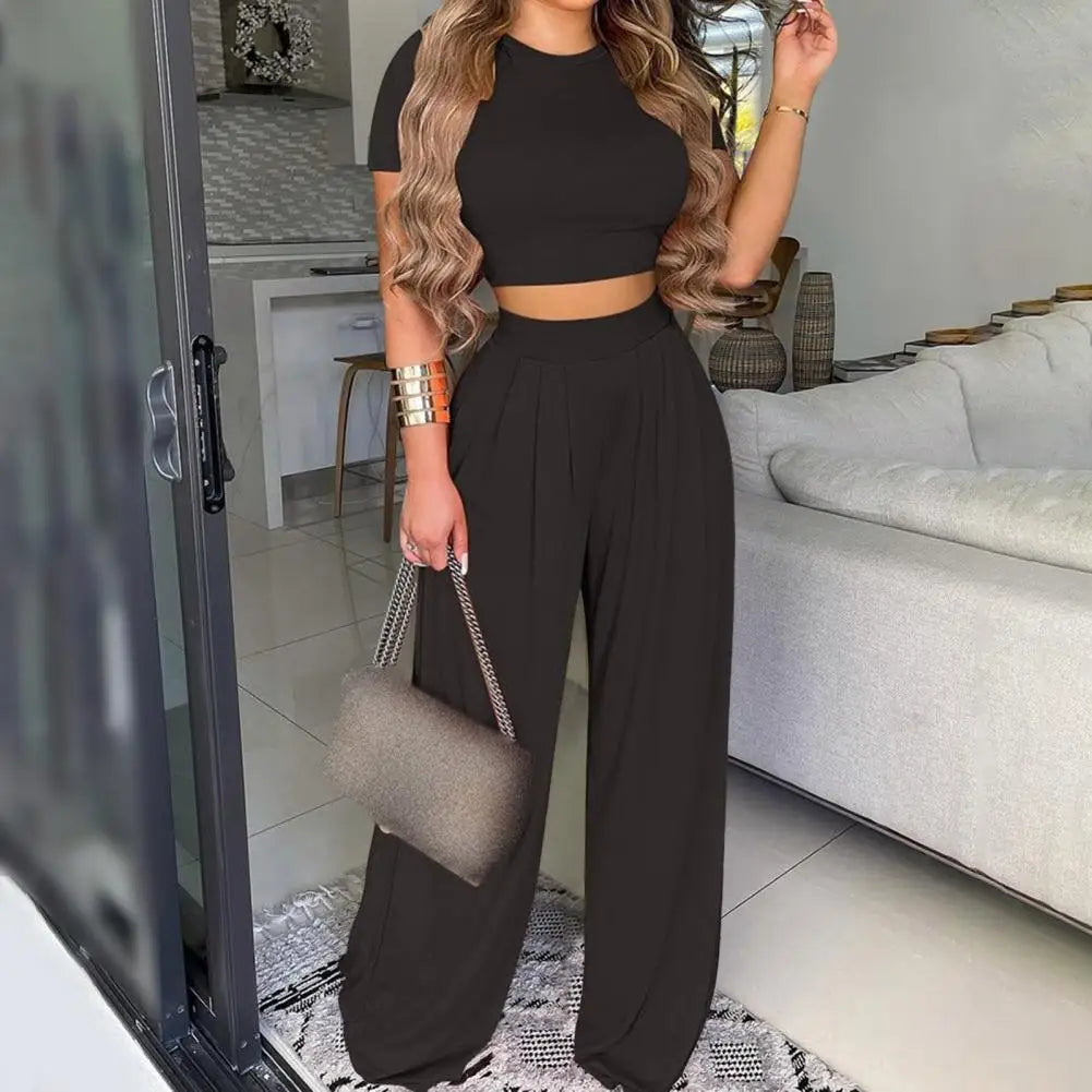 Summer Elegant Women Two Piece Set Fashion O-Neck Slim Tops And Wide Leg Pants Suits For Ladies Casual Floral Print Chic Outfits