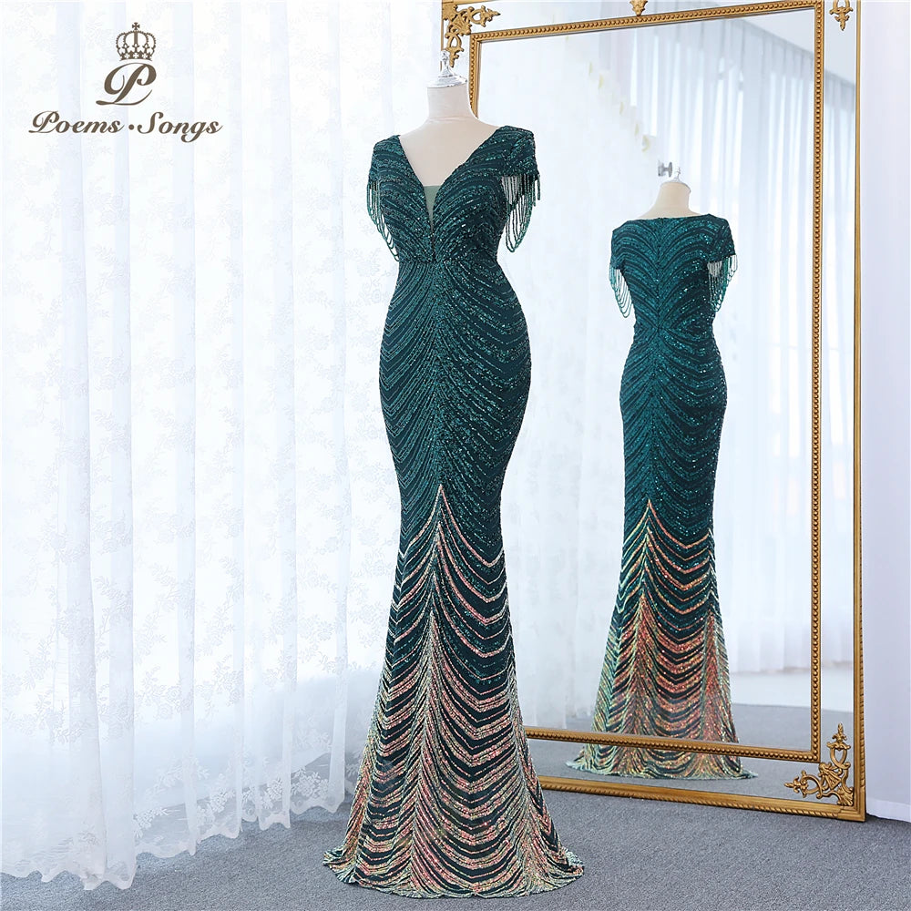 New green Short Sleeve Beaded style mermaid evening dresses vestidos formales vestidos de fiesta robe de soiree de mariage