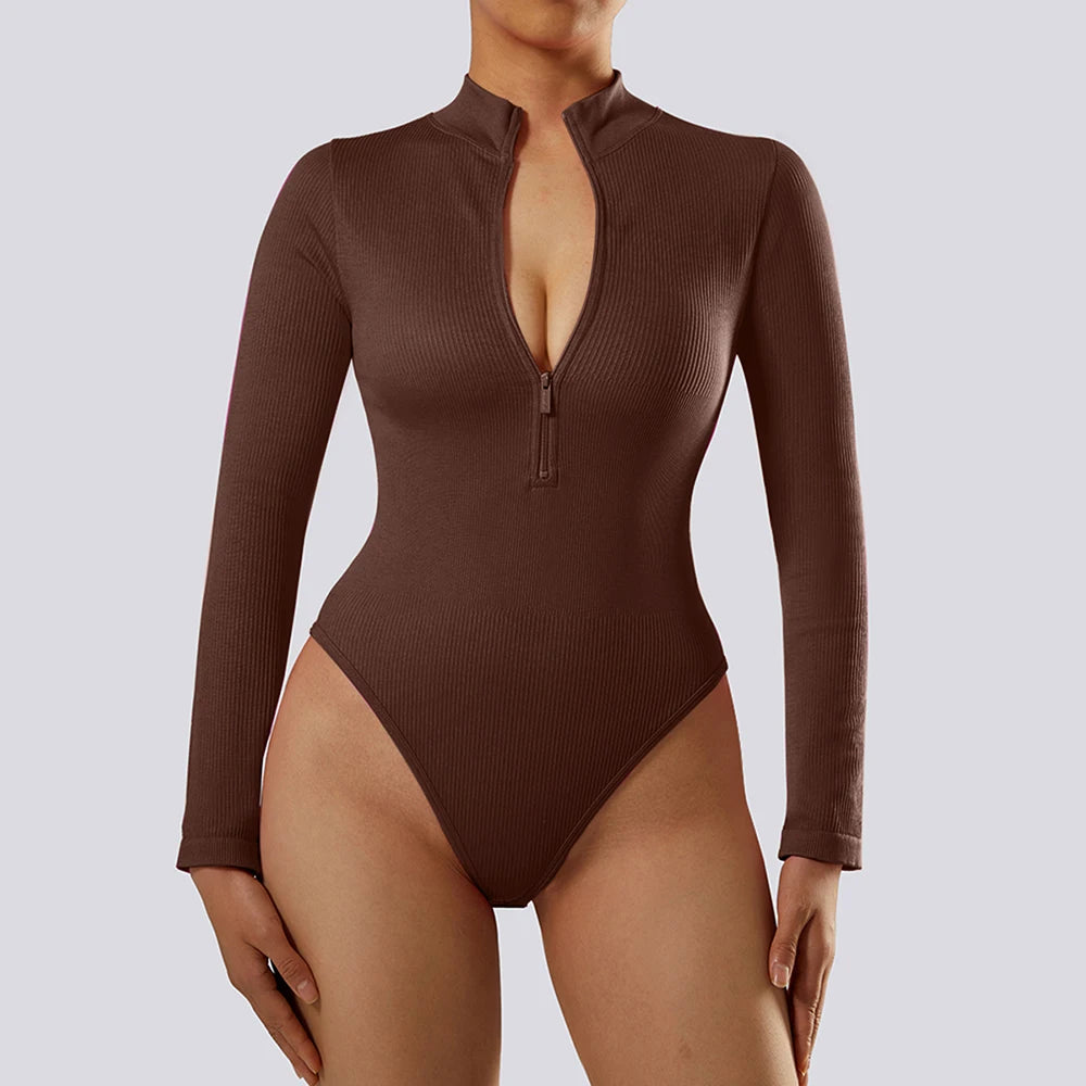 Slim Ladies Sexy Bodysuit Solid Fashion Skinny Bodycon Women Bodysuit Long Sleeve V-Neck Casual Black Beige Female Bodysuit