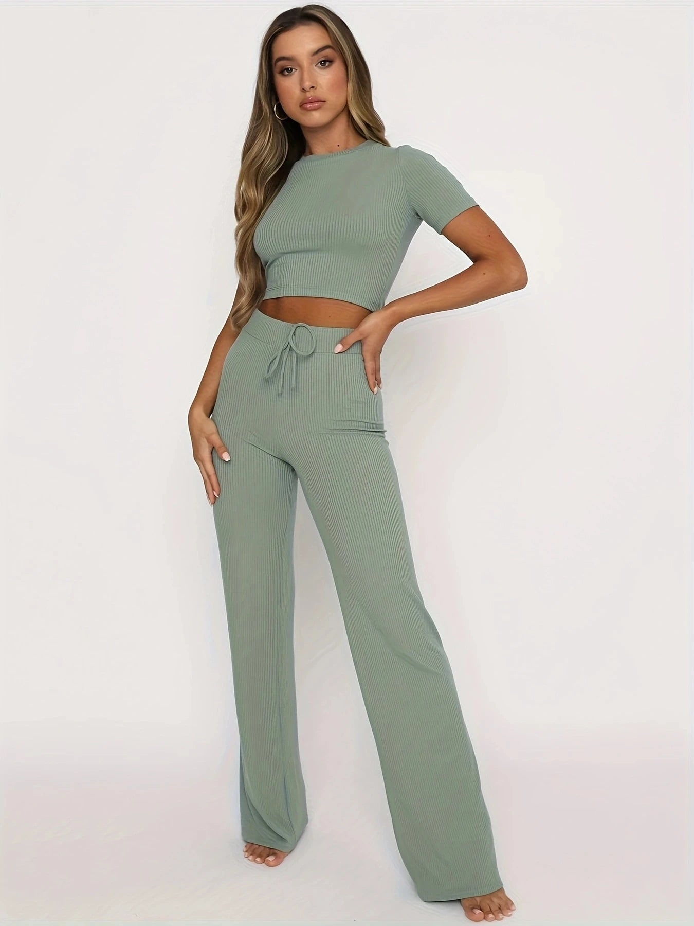 New Women's Solid Color Crop Sexy Open Umbilium Fashion Casual Pocket Slim Fit Pants Set 2 Piece Set Women